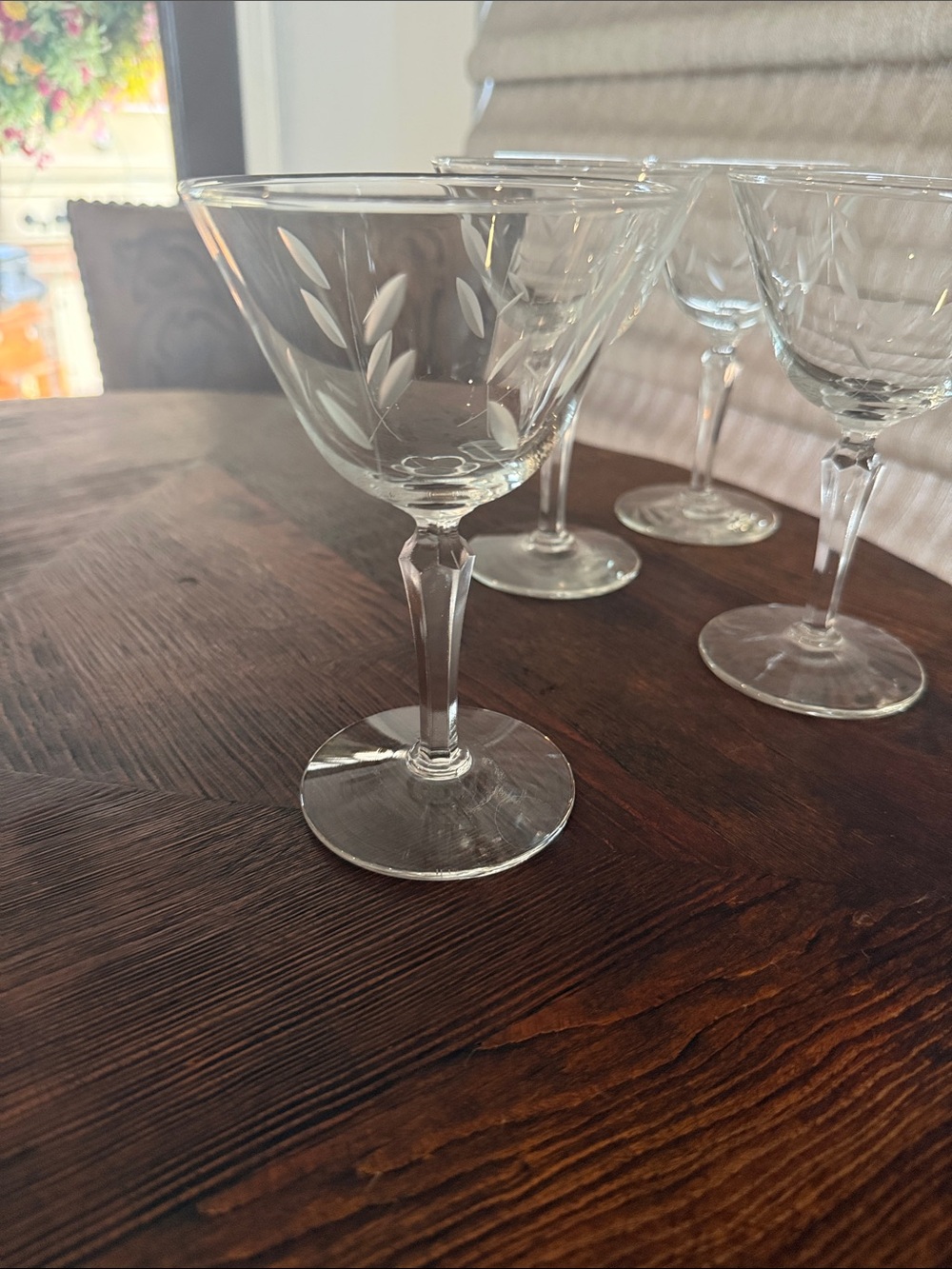 Set of 4 (four) Libby  Etched Crystal Cocktail Glasses - Clear